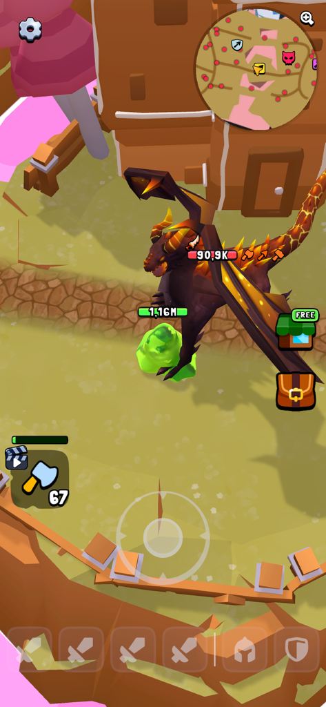 Una gran criatura dragón devorando baba en un entorno de juego RPG inactivo en 3D