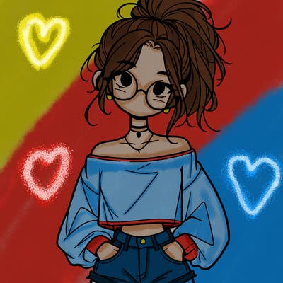 girl with a messy ponytail glasses a baggy crop top and jean shorts