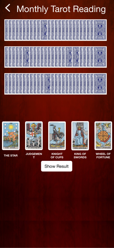 Interface of the Tarot Card Reading Daily app showing a monthly tarot spread with five selected cards including The Star and Wheel of Fortune.