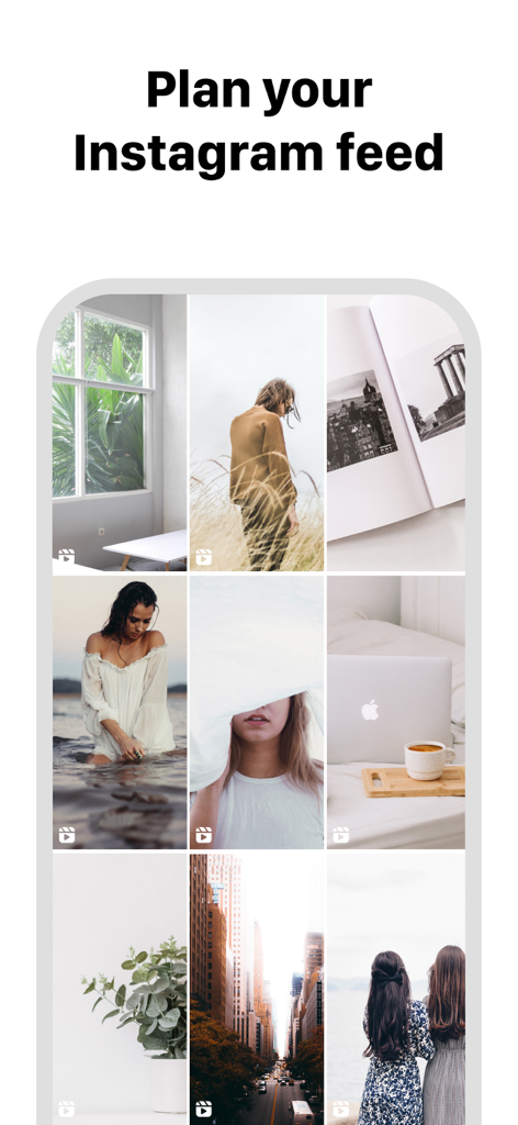 Feed Preview: Ig Grid Layout - フィード計画のためにキュレーションされたInstagramグリッドレイアウトを示すモバイルインターフェイス