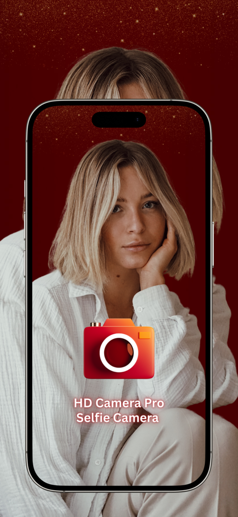 HD Camera Pro Selfie Camera - Pantalla de inicio de la aplicación Cámara Selfie HD Pro mostrando un retrato elegante de una mujer en un smartphone