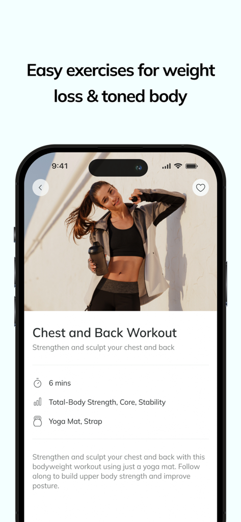 no.Diet - Une interface mobile pour l'application no.Diet montrant un entraînement poitrine et dos avec la durée et les exigences d'équipement.