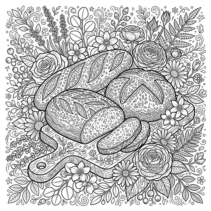 Unwind and ignite your creativity with this detailed coloring page featuring delicious rye breads intertwined with beautiful spring flowers. This intricate design offers a mindful escape, perfect for adult colorists seeking relaxation and artistic expression.