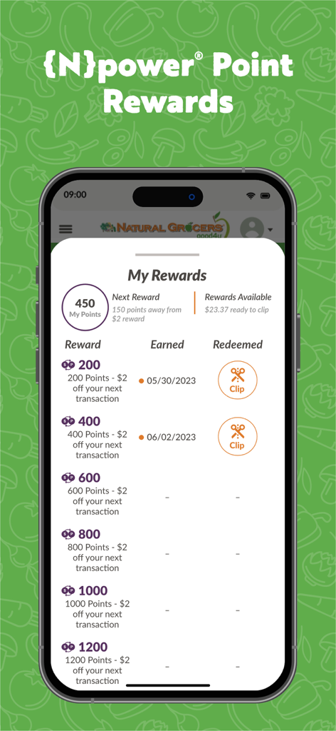 Natural Grocers - Interfaccia dell'app Natural Grocers che mostra punti fedeltà npower e opzioni di premio