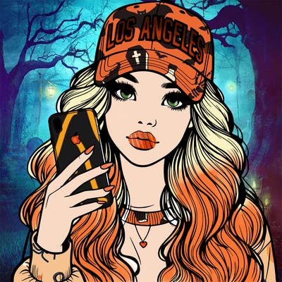 realistic beautiful girl wearing los ángeles cap holding an iphone