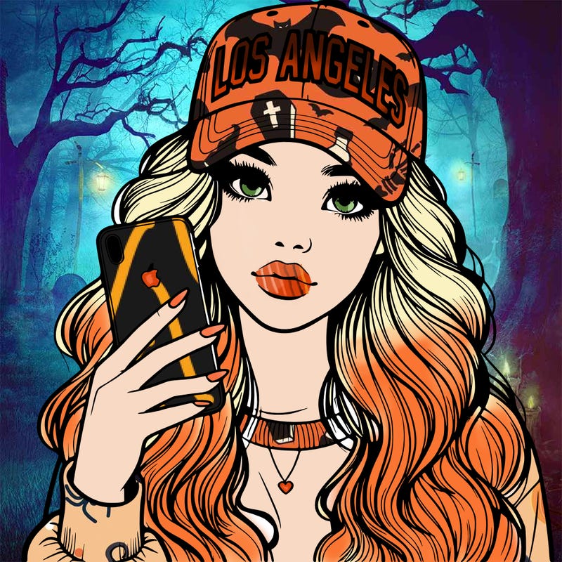 realistic beautiful girl wearing los ángeles cap holding an iphone