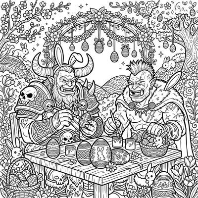 Dive into a wonderfully whimsical world where powerful Orc Chieftains embrace the spirit of Easter, busily decorating eggs and enjoying spring. This intricate coloring page offers a truly unique and humorous artistic escape for all ages.
