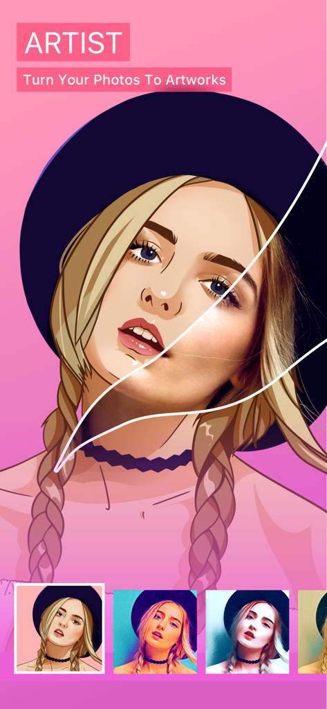 PicsHub-AI Art & Photo Edit - A woman's portrait being transformed into several artistic and comic styles using PicsHub AI