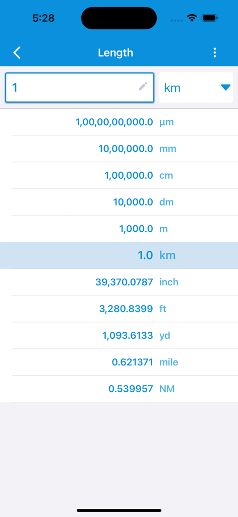 Digital scale to weight gram - Interface of a unit converter app displaying length conversions from kilometers to miles and inches
