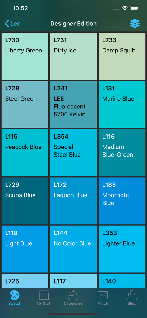 ShowTool Swatch - ShowTool Swatchアプリで、名前とコードが表示されたリーフィルター（Lee Filter）の照明ゲル（gel）スウォッチのグリッド表示