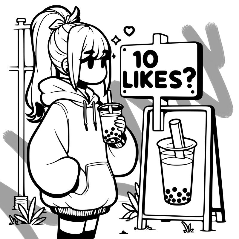 girl with oversized hoodie drinking boba and she has a high ponytail with a sign that says 10likes?