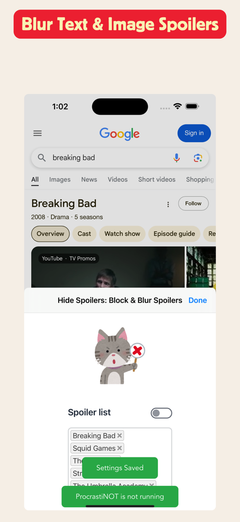 Oberfläche der Hide Spoilers-App, die eine Spoilerliste mit Schlüsselwörtern wie Breaking Bad und Squid Games zeigt, um verwandte Inhalte zu verwischen.