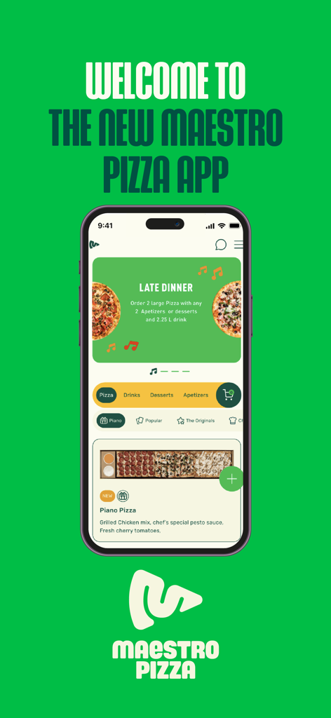 Maestro Pizza UAE - Maestro Pizza UAE mobile app home screen showing pizza menu and special dinner offers