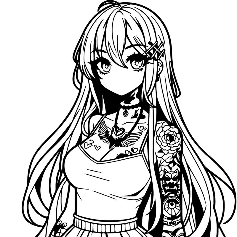 anime girl with long hair and tattoos