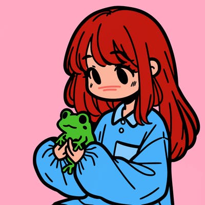 girl with long hair and a oversized shirt. and she is holding a frog