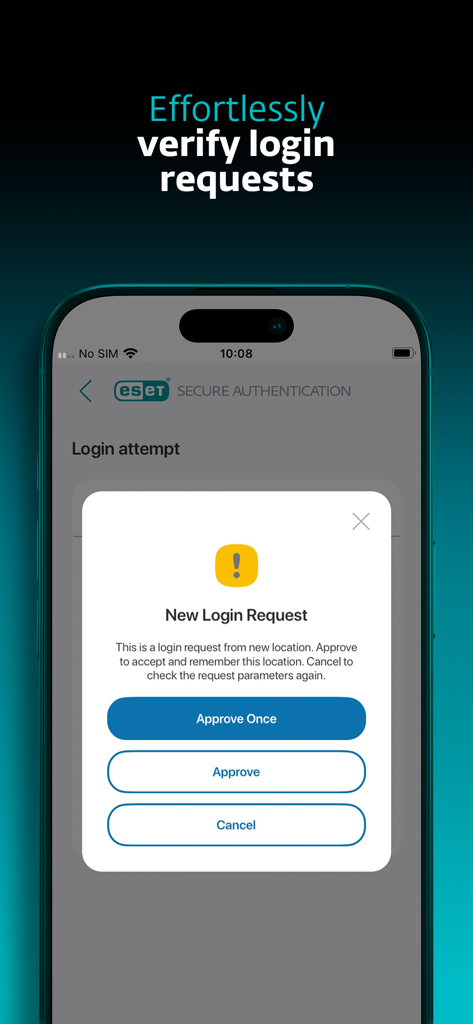 ESET Secure Authentication - ESET Secure Authentication app displaying a new login request screen with options to approve or cancel