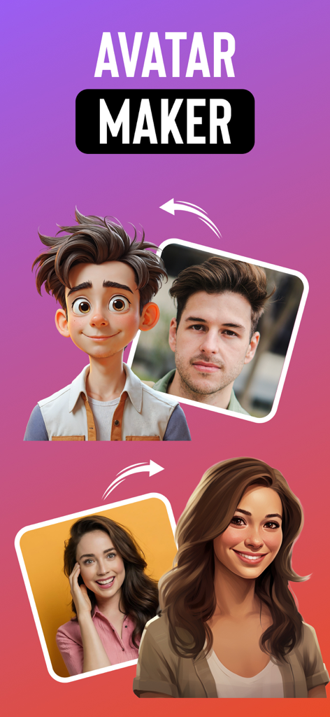 Una comparación que muestra fotos reales de un hombre y una mujer transformándose en avatares de caricatura 3D estilizados