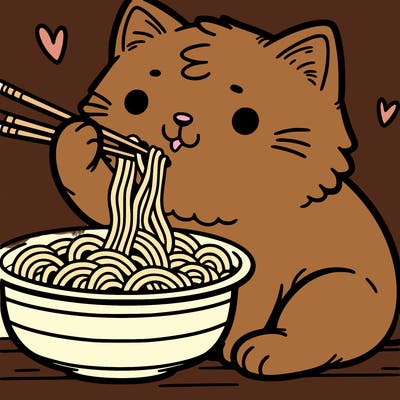 cat eat ramen noodles with chop sticks