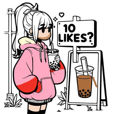 girl with oversized hoodie drinking boba and she has a high ponytail with a sign that says 10likes?