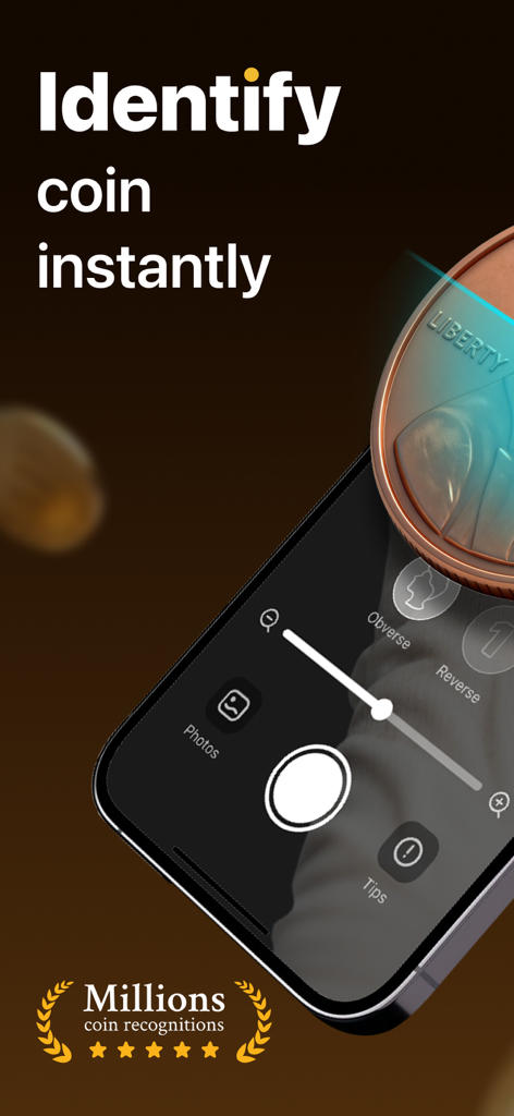 Coin Scanner & AI Identifier - Smartphone screen showing the Coin Scanner and AI Identifier app instantly recognizing a Liberty coin using its camera.