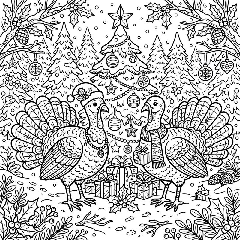 Get into the holiday spirit with this delightful coloring page featuring two charming wild turkeys celebrating Christmas. Surrounded by decorated trees, gifts, and festive ornaments, this design offers a unique blend of nature and holiday cheer for all ages to enjoy.