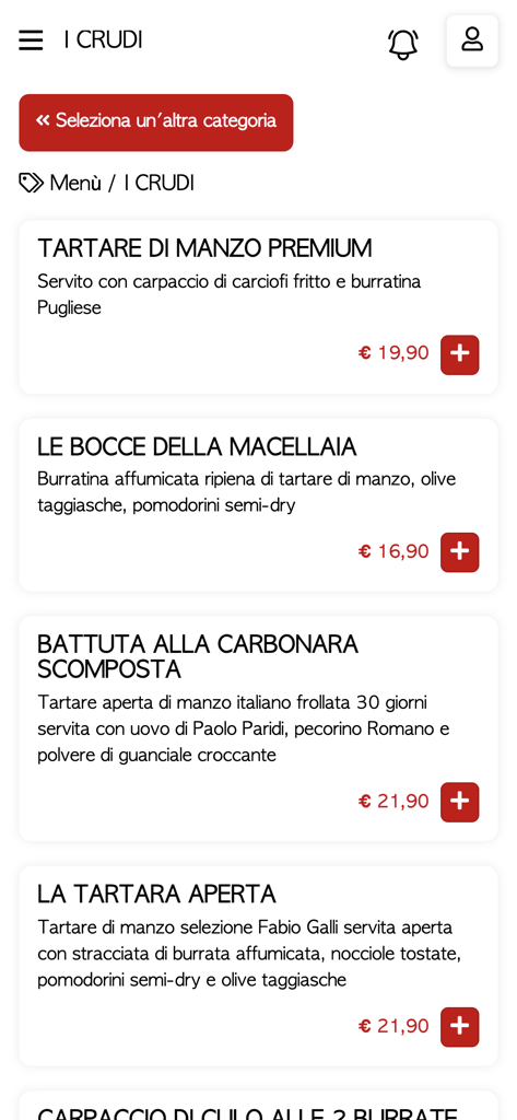 Er Macellaio - Roma - Mobile app menu displaying various raw beef dishes with descriptions and prices