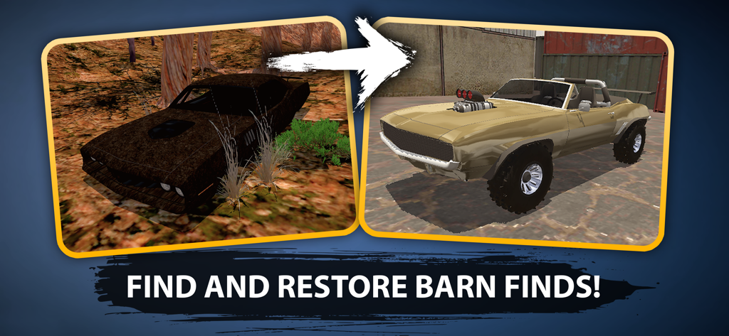 Uma comparação de antes e depois mostrando um carro enferrujado encontrado em um celeiro restaurado em um veículo off-road customizado.