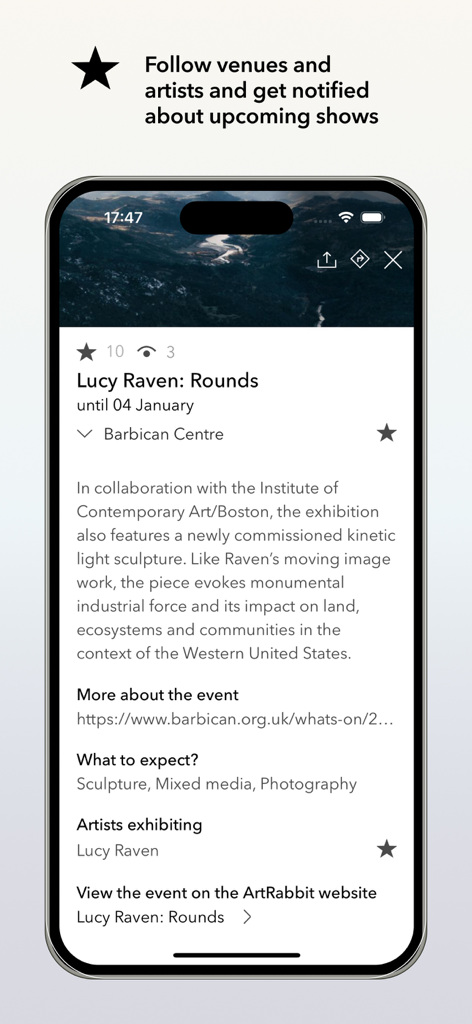 ArtRabbit - ArtRabbit app screen showing contemporary art exhibition details and artist follow feature