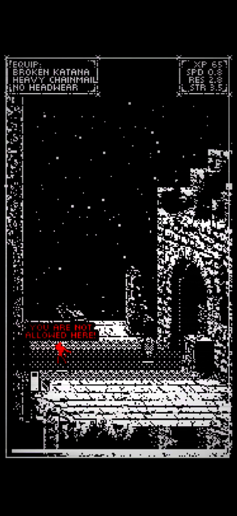 Trail of Gods - A high contrast 1-bit action RPG gameplay screen showing a red silhouette character and a warning message that says you are not allowed here.
