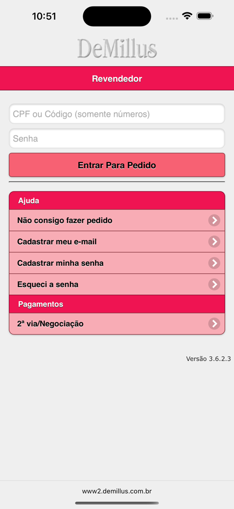 DeMillus - Página de login da revendedora do aplicativo DeMillus, apresentando entrada para credenciais e um menu de suporte para ajuda com pedidos e conta