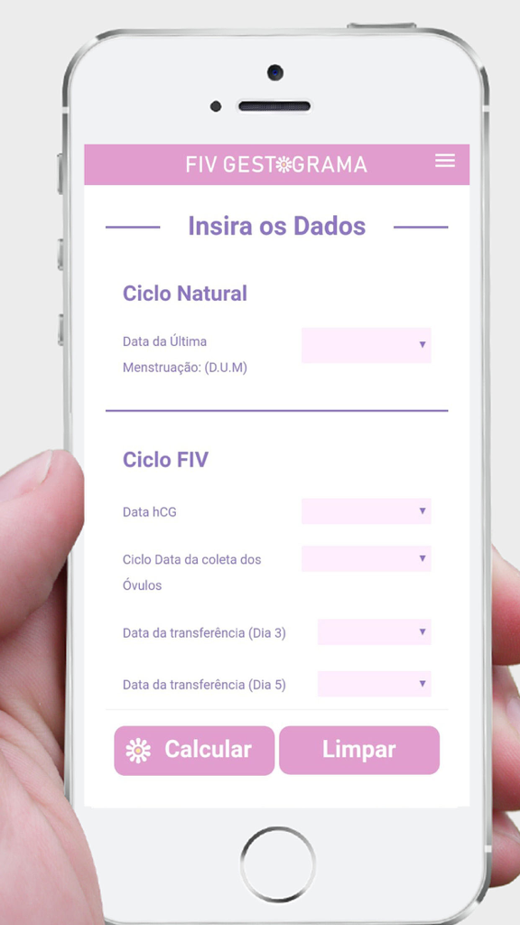 FIV Gestograma - Mobile screen of the FIV Gestograma app showing input fields for natural and IVF pregnancy cycles