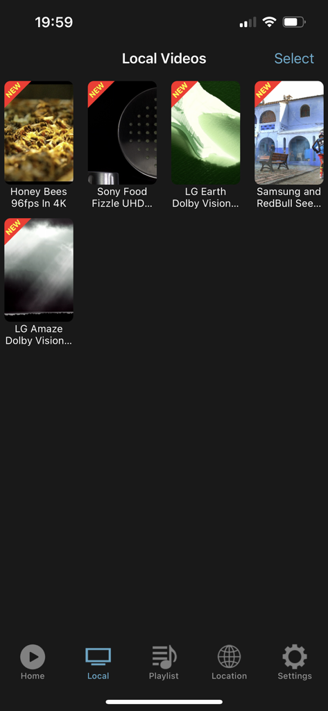 HD Playerアプリのインターフェースに、ローカル4KおよびDolby Visionビデオファイルのグリッドが表示されています