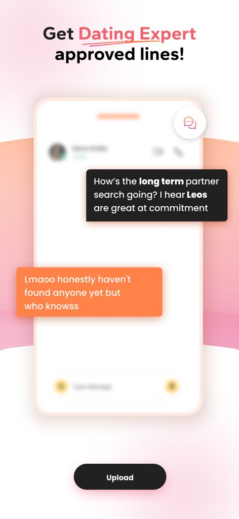 WingAI: Your AI Wingman - Interfaz móvil de WingAI mostrando frases de chat de citas generadas por IA