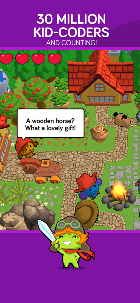 A vibrant gameplay screen from codeSpark showing characters in a virtual world with a headline about thirty million kid coders.