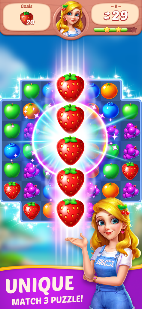 Fruit Diary match 3 puzzle gameplay showing a vertical match of five strawberries on a colorful grid.