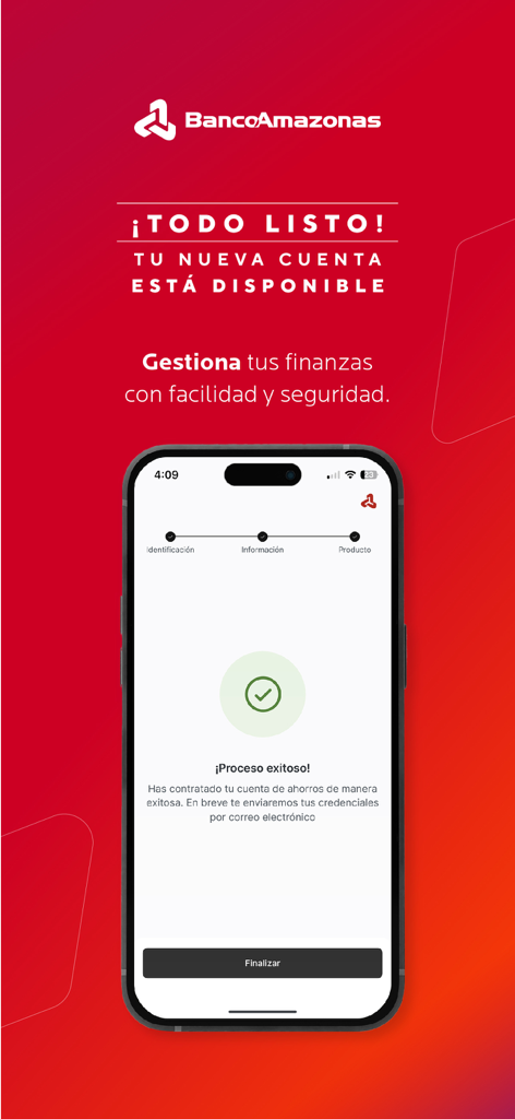 Successful account registration screen on the Banco Amazonas mobile app.