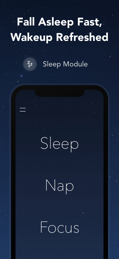 Pzizz - Sleep, Nap, Focus - Menú principal de la aplicación Pzizz que muestra los módulos Sleep Nap y Focus contra un fondo de cielo estrellado