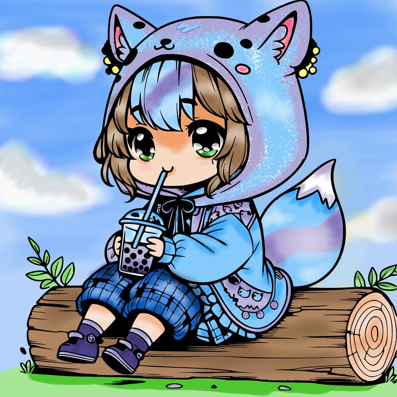 a cute anime realistic girl who is wearing a cute fox onesie and is drinking boba sitting on a log