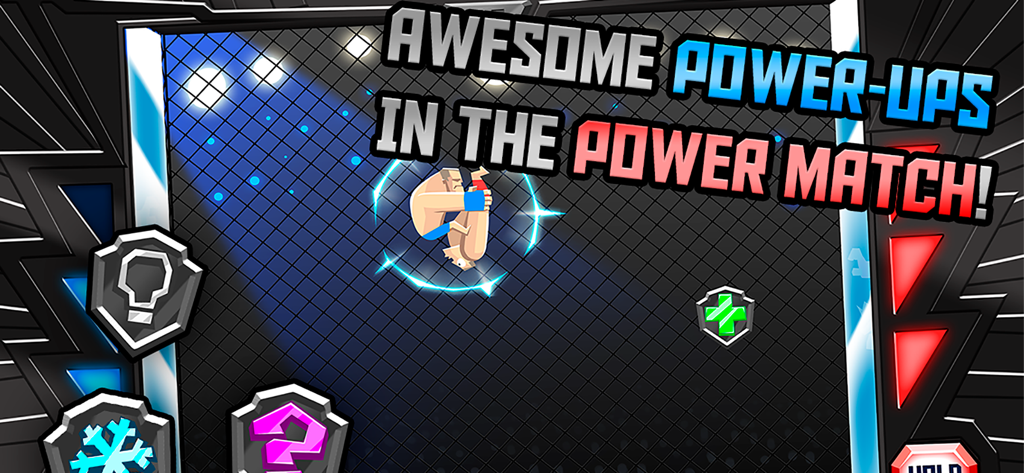 A wrestler in an MMA cage with multiple power up icons in UFB Fighting Wrestling Games