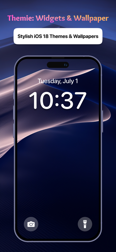 Themie: Widgets & Wallpaper - iPhoneのロック画面。Themieアプリからのスタイリッシュなダークブルーの美しい壁紙を表示しています。