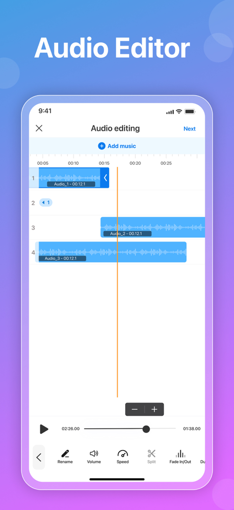 Audio Converter - Music editor - Interfaz de edición de audio multitrack con formas de onda y herramientas