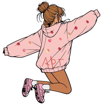 realistic girl jumping with a bun and oversized sweatshirt