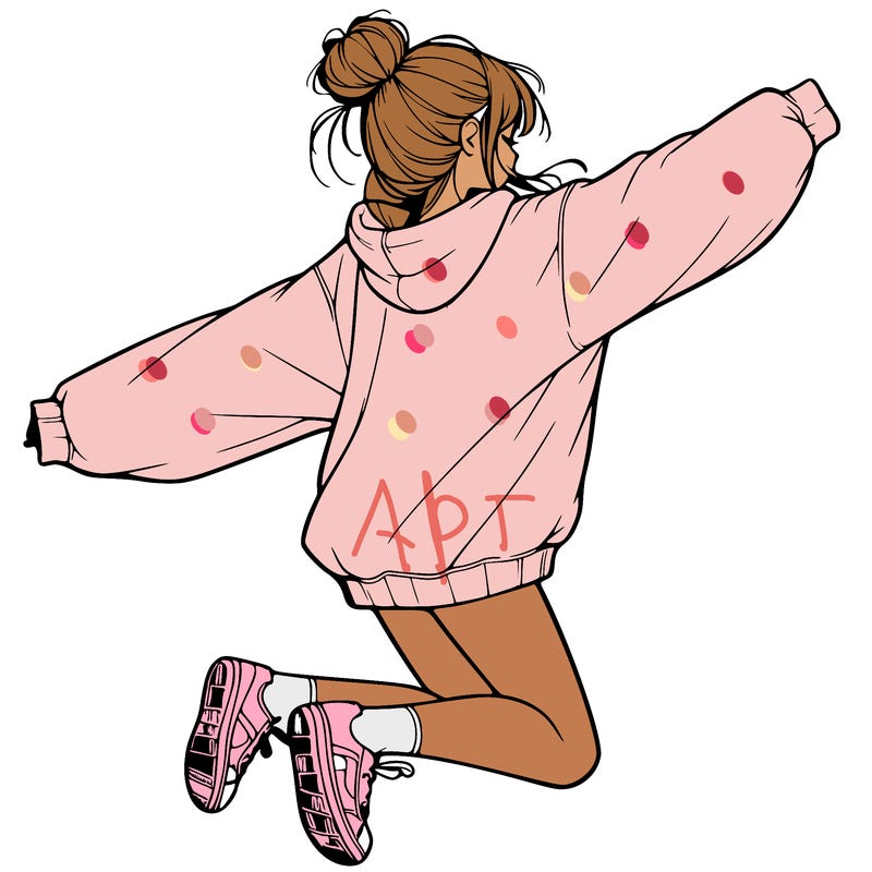 realistic girl jumping with a bun and oversized sweatshirt
