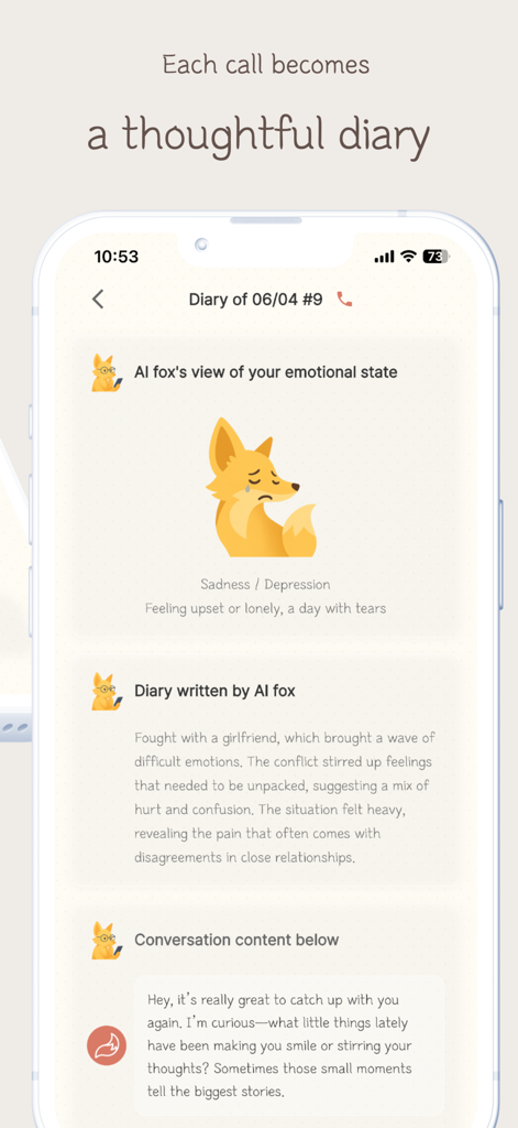 Callog - AI Diary - Callog app interface showing an AI-generated emotional summary and diary entry