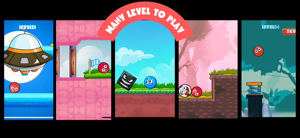 Collage de varios niveles y personajes del juego en Plants Ball 4 Juego de la Bola Roja.