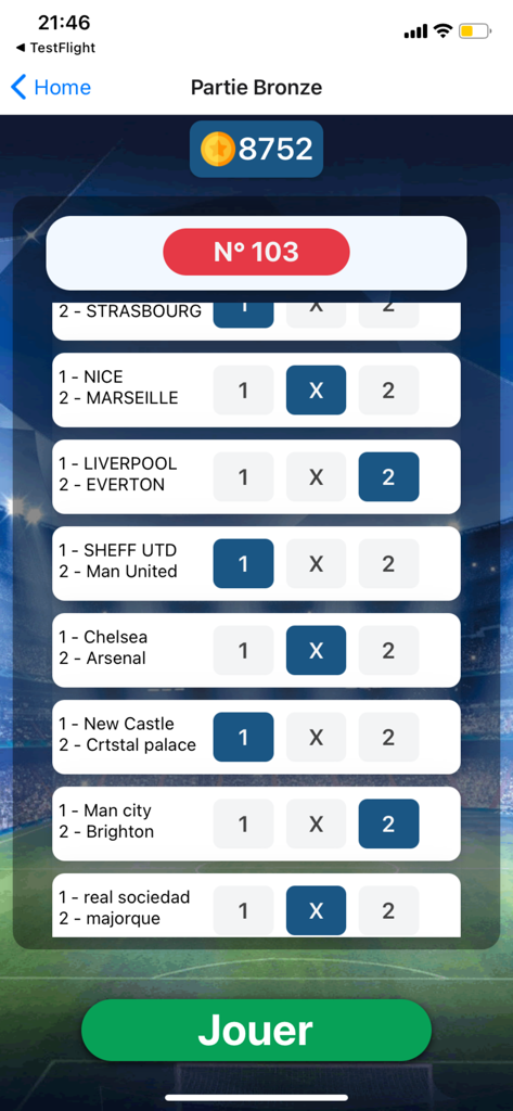 Fun Foot - Interface do aplicativo Fun Foot mostrando uma lista de partidas de futebol para os usuários preverem os placares.