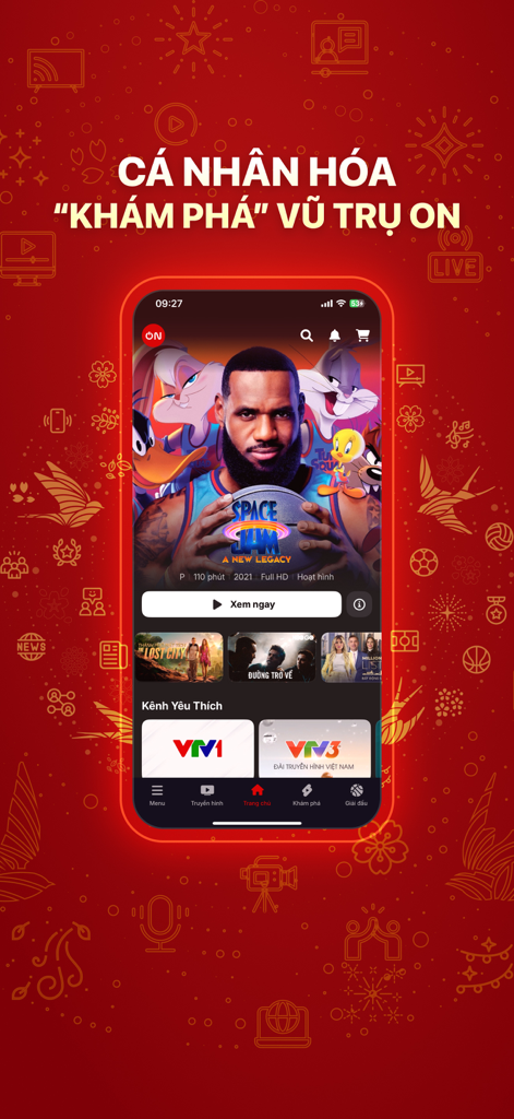 VTVcab ON - Giải trí bất tận - Benutzeroberfläche der VTVcab ON Mobile App mit Filmauswahl und vietnamesischen Lieblingssendern VTV1 und VTV3