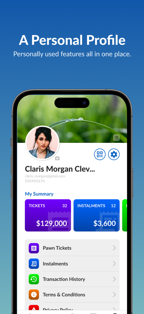Maxi-Cash - Maxi-Cash app personal profile screen with pawn tickets and installments overview