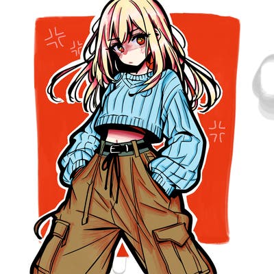 anime teen girl with baggy pants and crop top with sweater
