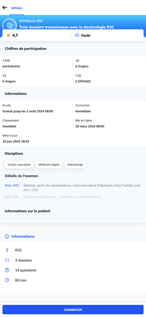 EDN - EDN 의학 앱의 스크린샷으로, 참여 통계 및 의학 분야를 포함한 임상 퀴즈의 세부 정보 표시